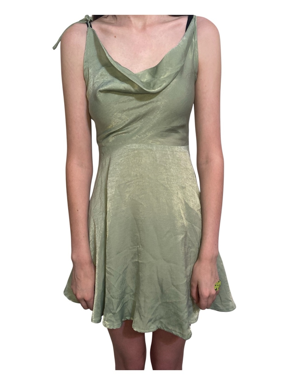 Lulu's Shimmery Sage Green Satin Cowl Neck Mini Dress size XS tie back a line